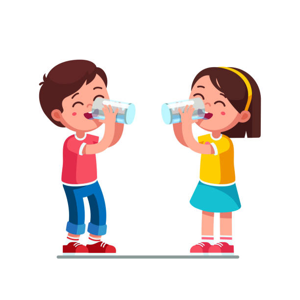 ilustrações de stock, clip art, desenhos animados e ícones de smiling standing preschool boy and girl kids enjoying drinking water holding glasses. children cartoon characters quenching thirst. flat vector clipart illustration. - thirsty