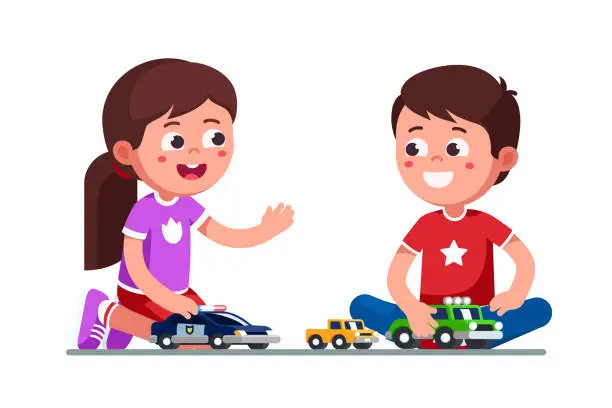 Vector illustration of Smiling girl and boy kids playing together with toy cars and trucks sitting on floor. Child preschool development. Children cartoon characters flat vector clipart illustration.