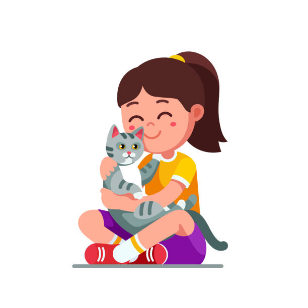 Happy smiling preschool girl kid holding and petting cute grey cat. Childhood domestic animal kitten. Child cartoon character flat vector clipart illustration. Happy preschool girl kid embracing and patting cat. Smiling kid, holding adorable pet kitten. Child cartoon character with cat. Childhood domestic animal kitty. Flat style vector illustration isolated 
on white background. kid sitting cross legged stock illustrations