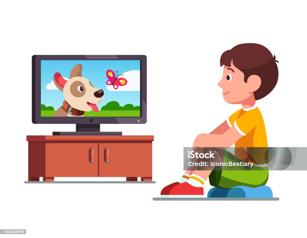 Ilustración de Sonriente A Niño Preescolar Niño Sentarse Y Soñar Con Perro  Propio Ver Película En Tv Sobre Perro Y Mariposa Niño De Dibujos Animados  Carácter Vector Plano Gráfico Ilustración y más