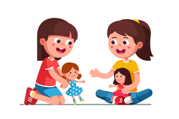 Smiling happy girls kids playing house together with cute dolls. Childhood and preschool development. Child cartoon characters flat vector clipart illustration. Smiling girls kids playing with dolls. Happy, kids playing together. Child cartoon characters with cute dolls. Childhood and preschool development. Flat vector illustration isolated on white background. doll stock illustrations