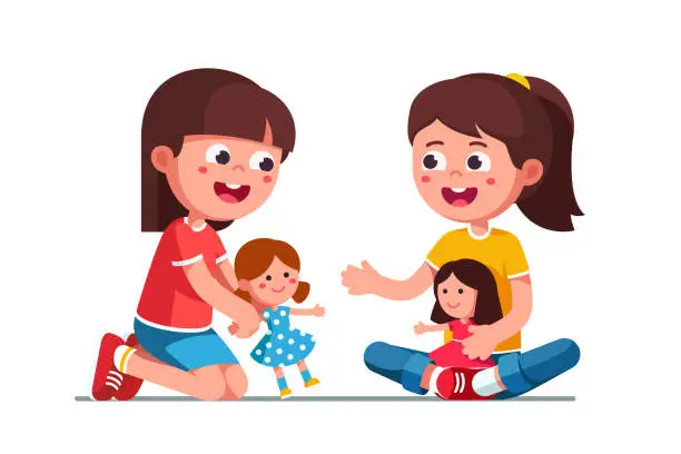 Vector illustration of Smiling happy girls kids playing house together with cute dolls. Childhood and preschool development. Child cartoon characters flat vector clipart illustration.