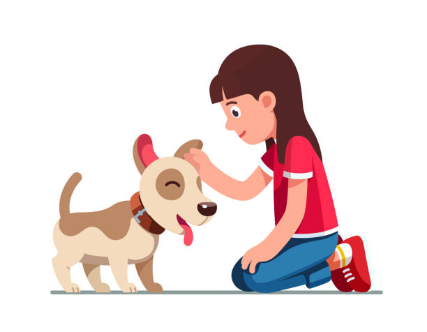 ilustrações de stock, clip art, desenhos animados e ícones de smiling preschool girl kid sitting on ground and patting happy cute dog puppy. child cartoon character flat vector clipart illustration. - mixed breed dog illustrations