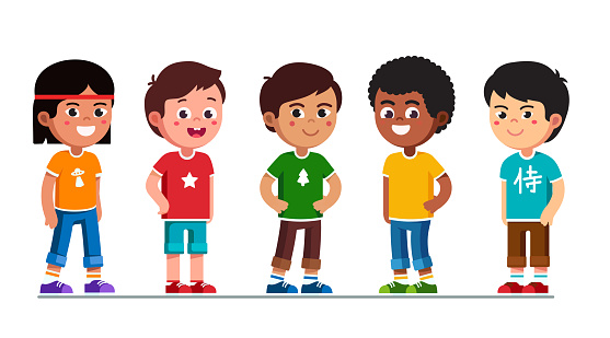 Happy multiethnic preschool boys standing in line. Smiling diverse kids cartoon characters set. Multiracial children. Caucasian, African American, Asian, Indian, Chinese kids. Flat vector illustration isolated on white background.
