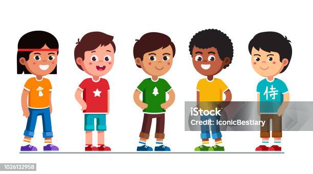 Happy Multiethnic Preschool Boy Kids Standing In Line Smiling Diverse Children Cartoon Characters Set Flat Vector Clipart Illustration Stock Illustration - Download Image Now