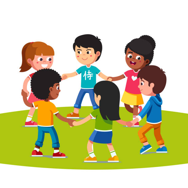 ilustraciones, imágenes clip art, dibujos animados e iconos de stock de niños multiétnicos felizes jugando bailando en círculo cogidos de la mano juntos. amigos que se divierten a los niños. ilustración de imágenes prediseñadas de vector plano. - child dancing preschooler outdoors