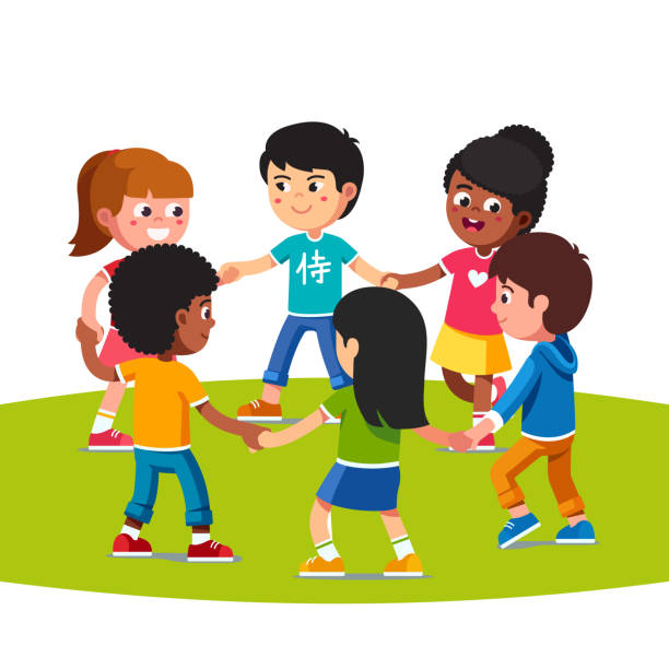 Happy multiethnic children playing dancing in circle holding hands together. Kids friends having fun. Flat vector clipart illustration. Happy standing multiethnic children dancing in circle holding hands together. Smiling multiracial kids walking in round holding hands forming circle. Kids friends playing fun. Flat vector illustration isolated on white background. kids holding hands stock illustrations