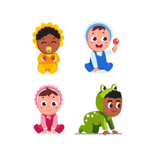 Happy infant baby children sitting, crawling wearing romper, playing with rattle toy and sucking dummy. Toddlers cartoon characters set. Flat vector clipart illustration. Smiling infant baby children sitting, crawling wearing romper. Happy toddler babies playing with rattle toy and sucking dummy. Cartoon baby characters set. Flat vector toddler illustration isolated on white background. bonnet hat stock illustrations