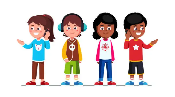 Vector illustration of Teenage girls and boys standing using mobile phones making calls, listening to music by headphones. Schoolgirls and schoolboys cartoon characters set. Flat vector clipart illustration.