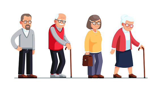 Senior women and men standing and walking with sticks. Elderly people cartoon characters set. Old age. Flat style vector illustration isolated on white background.