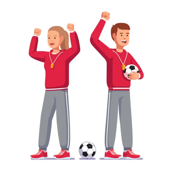 Vector illustration of Standing soccer coach man, woman raising hands in clenched fists gesture, cheering players, shouting, smiling, training football team holding soccer ball. Flat style vector clipart