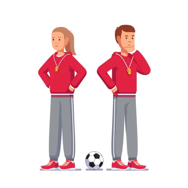 Vector illustration of Contemplating soccer coach man and woman thinking standing next to soccer ball. Football game coach with whistle on lanyard wearing sports uniform. Flat style vector clipart