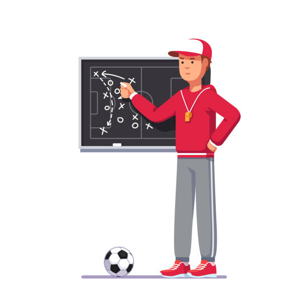 Drawing soccer match analysis scheme. Football game strategy playbook. Soccer coach man showing game plan on chalk board, teaching game tactics & instructing team. Flat style vector clipart Soccer coach man drawing game plan on chalk board playbook, teaching game tactics & instructing soccer team. Football match analysis scheme. Football game strategy playbook. Flat vector illustration coach illustrations stock illustrations