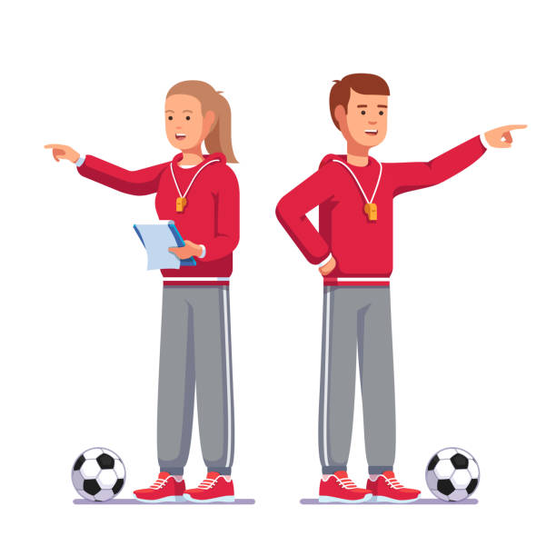 stehende finger fußball trainer mann und frau sprechen anweist fußball-nationalmannschaft, mit büroklammer notizen zeigen. fußball spiel trainer im sport einheitlich. flache vektor clipart - athlete soccer player men professional sport stock-grafiken, -clipart, -cartoons und -symbole