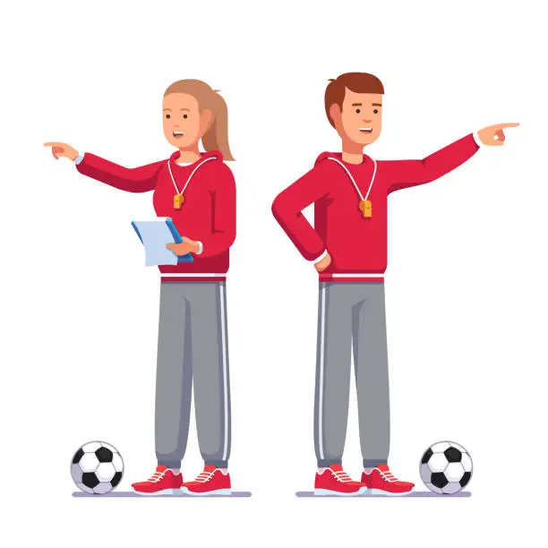 Vector illustration of Standing pointing finger soccer coach man and woman talking instructing football team, holding paperclip notes. Football game coach in sports uniform. Flat style vector clipart