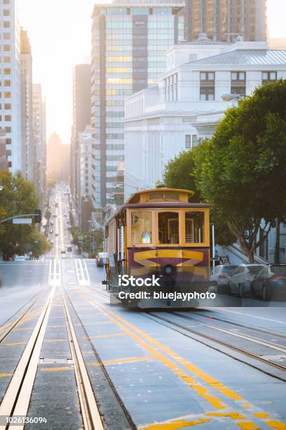 Historic San Francisco Cable Car On Famous California Street At Sunrise California Usa Stock Photo - Download Image Now