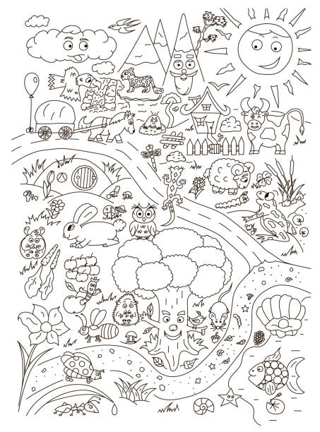 раскраска страница с милыми животными ребенка. вектор изолирован - cloud mushroom fungus cartoon stock illustrations