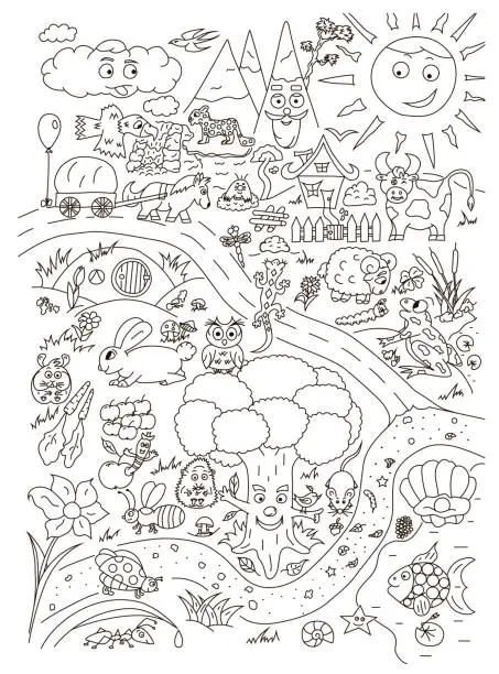 Vector illustration of Coloring page with cute baby animals. Vector isolated