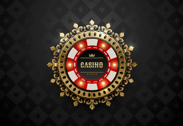 wektor czerwony biały kasyno poker chip z świetlistymi elementami świetlnymi i złotą koroną wieniec ramki. czarna jedwabna karta geometryczna pasuje do tła. blackjack lub kasyno online banner, logo lub ikona - gambling dice casino backgrounds stock illustrations