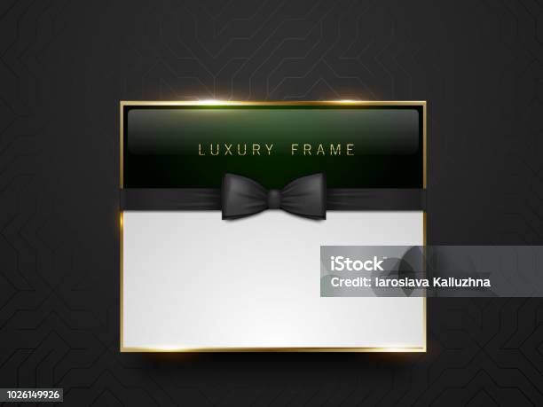 Vip Dark Green Glass Label With Golden Frame And Black Bow Tie On Black Silk Geometric Background White Text Place Premium Glossy Template Vector Luxury Illustration Stock Illustration - Download Image Now