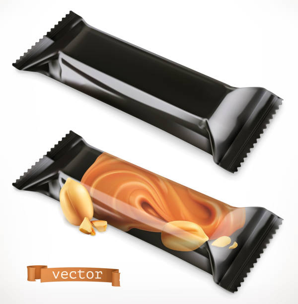 Black polymer packaging for foods. Chocolate bar, 3d realistic vector icon Black polymer packaging for foods. Chocolate bar, 3d realistic vector icon blank chocolate bar stock illustrations