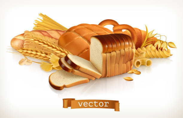 karbonhidrat. ekmek, makarna, buğday, mısır gevreği. 3d vektör çizim - baguette stock illustrations