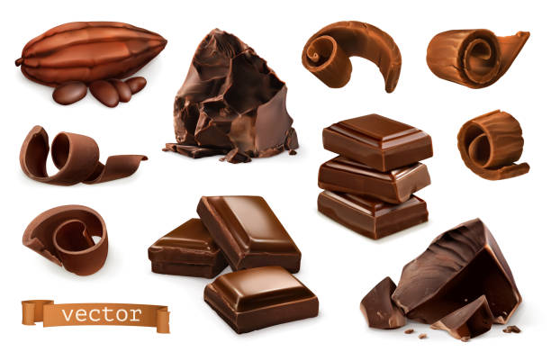 초콜릿입니다. 조각, 부스러기, 코코아 열매입니다. 3d 현실 벡터 아이콘 세트 - chocolate stock illustrations