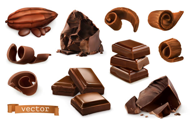 stockillustraties, clipart, cartoons en iconen met chocolade. stukjes, spaanders, cacao vrucht. 3d-realistische vector icon set - chocolade