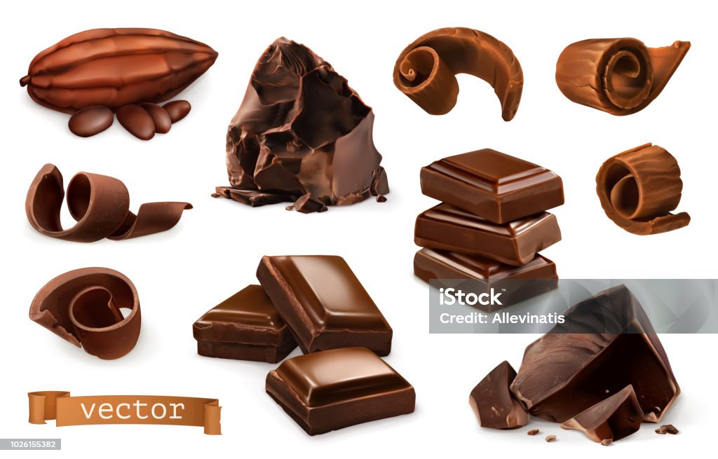 Chocolate. Pieces, shavings, cocoa fruit. 3d realistic vector icon set Chocolate stock vector