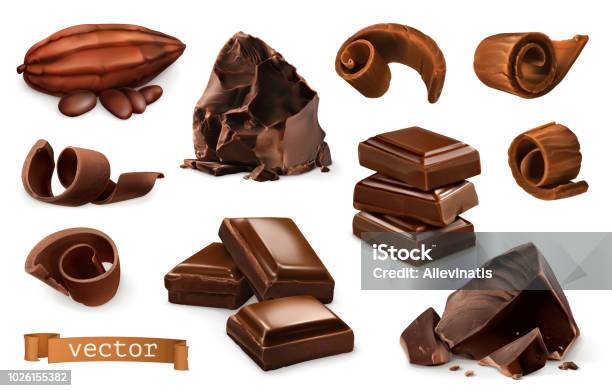 Chocolate Pieces Shavings Cocoa Fruit 3d Realistic Vector Icon Set Stock Illustration - Download Image Now