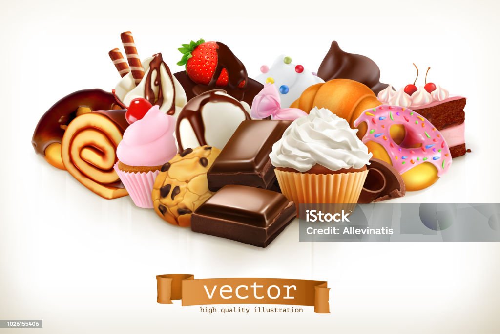 confetteria. Cioccolato, torte, cupcake, ciambelle. Illustrazione vettoriale 3D - arte vettoriale royalty-free di Dolciumi