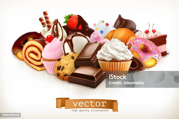 Confetteria Cioccolato Torte Cupcake Ciambelle Illustrazione Vettoriale 3d - Immagini vettoriali stock e altre immagini di Dolciumi