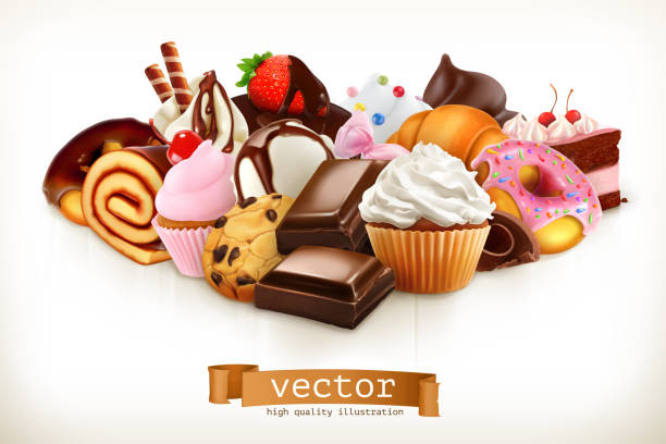 Confectionery. Chocolate, cakes, cupcakes, donuts. 3d vector illustration Confectionery. Chocolate, cakes, cupcakes, donuts. 3d vector illustration dessert sweet food stock illustrations