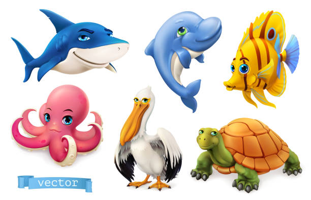 забавные морские животные и рыбы. набор значков 3d вектора - shark animal blue cartoon stock illustrations