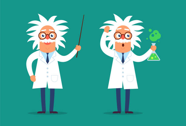 professor copy Two professor characters standing in the classroom with the pointer and test tube. Flat design funny illustration. Back to school idea. genius stock illustrations