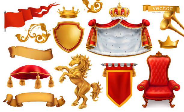 ilustraciones, imágenes clip art, dibujos animados e iconos de stock de corona de oro del rey. silla real, manto, almohada. conjunto de iconos vectoriales 3d - coat of arms crest ribbon frame