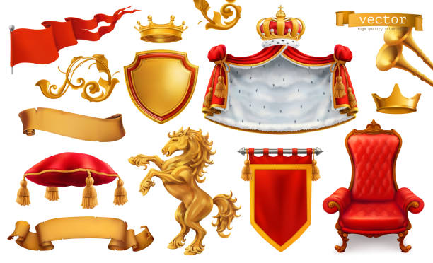 bildbanksillustrationer, clip art samt tecknat material och ikoner med guld krona av kungen. kunglig stol, mantel, kudde. 3d vector ikonuppsättning - spiselhylla