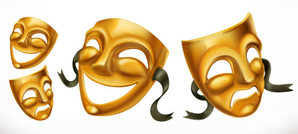 ilustraciones, imágenes clip art, dibujos animados e iconos de stock de máscaras teatrales oro. icono de vector 3d comedia y tragedia - tragedy mask illustrations