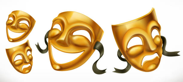 illustrazioni stock, clip art, cartoni animati e icone di tendenza di maschere teatrali in oro. icona vettoriale 3d commedia e tragedia - maschera da tragedia