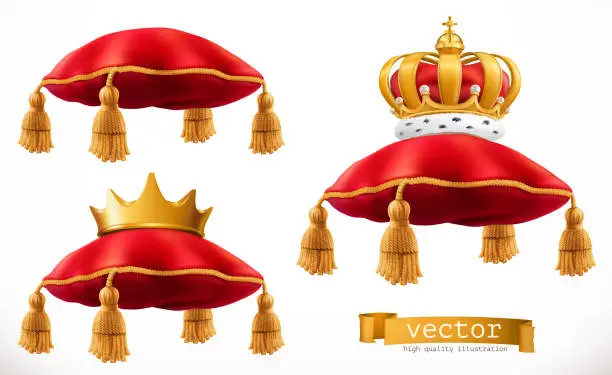 Vector illustration of Royal pillow and crown. 3d vector icon set