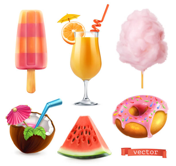 Summer, sweet food. Ice cream, orange juice, cotton candy, cocktail, watermelon, donut. 3d realistic vector icon set Summer, sweet food. Ice cream, orange juice, cotton candy, cocktail, watermelon, donut. 3d realistic vector icon set juice drink illustrations stock illustrations