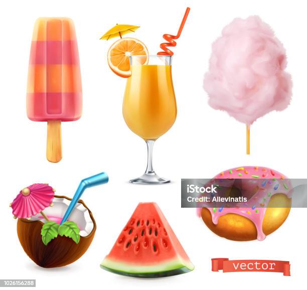 Summer Sweet Food Ice Cream Orange Juice Cotton Candy Cocktail Watermelon Donut 3d Realistic Vector Icon Set Stock Illustration - Download Image Now