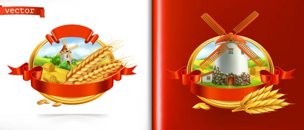 illustrazioni stock, clip art, cartoni animati e icone di tendenza di grano e vecchio mulino. etichetta vettoriale 3d - gold carbohydrate food food and drink