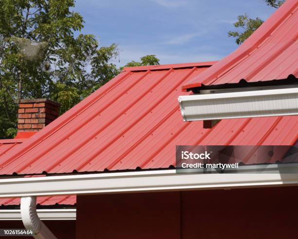 Red Metal Roof Stock Photo - Download Image Now - Rooftop, Metal, Steel