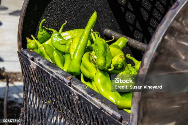Fresh Hatch Chilis In An Outdoor Barrel Roaster Getting Ready To Be Cooked Stock Photo - Download Image Now