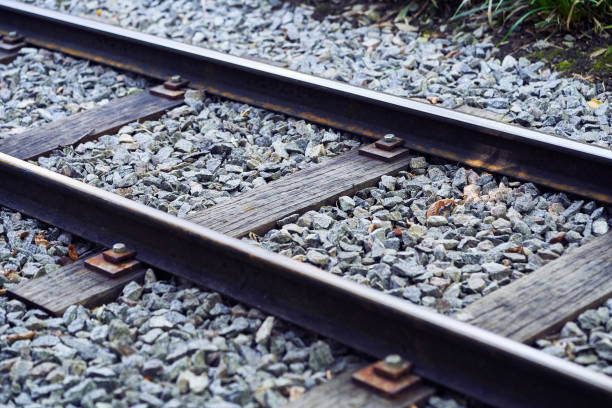 detail of train tracks - railroad spikes imagens e fotografias de stock