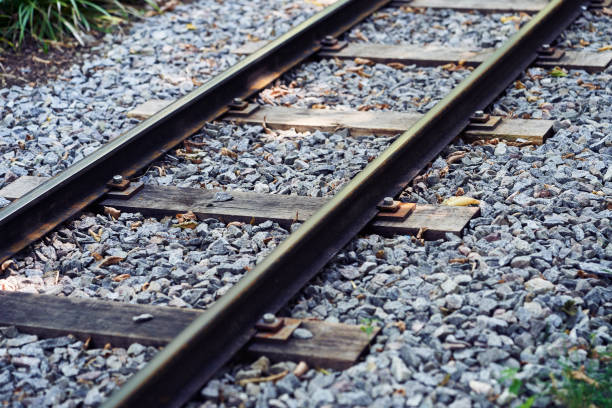 detalle de las vías del tren - railroad spikes fotografías e imágenes de stock