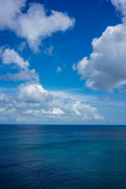 horizon view of coean with blue water and white clouds