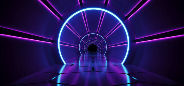 Sci-Fi Futuristic Abstract Gradient Blue Purple Pink Neon Glowing Circle Round Corridor On Reflection Concrete Floor Dark Interior Room Empty Space Spaceship Technology Concept 3D Rendering