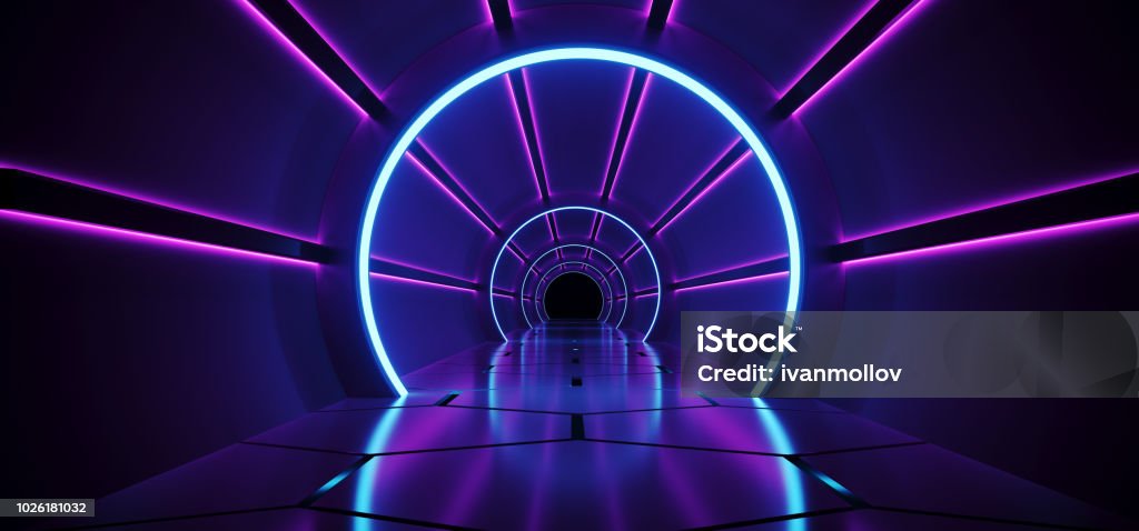 Sci-Fi Futuristic Abstract Gradient Blue Purple Pink Neon Glowing Circle Round Corridor On Reflection Concrete Floor Dark Interior Room Empty Space Spaceship Technology Concept 3D Rendering Sci-Fi Futuristic Abstract Gradient Blue Purple Pink Neon Glowing Circle Round Corridor On Reflection Concrete Floor Dark Interior Room Empty Space Spaceship Technology Concept 3D Rendering illustration Tunnel Stock Photo